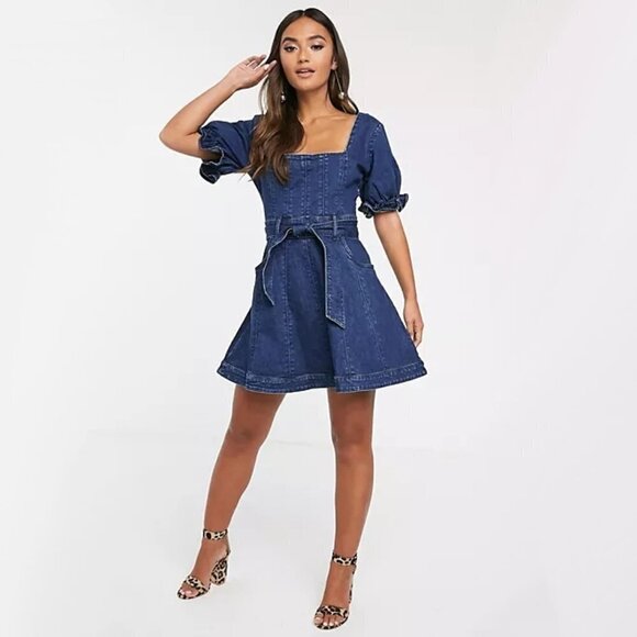 NWT Finders Keepers dark blue wash denim puff sleeve belted mini dress - Picture 8 of 12